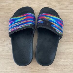 Adidas Adilette Kids Rainbow Sequin Slides Black Sandals Size 3